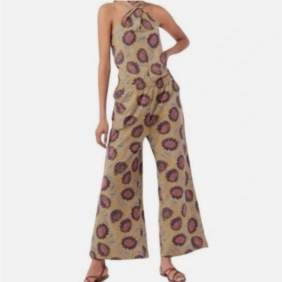 Pact Pants - Pact Organic Cotton Halter Fennel Floral Sleeveless Wide-Leg Jumpsuit, Sz M